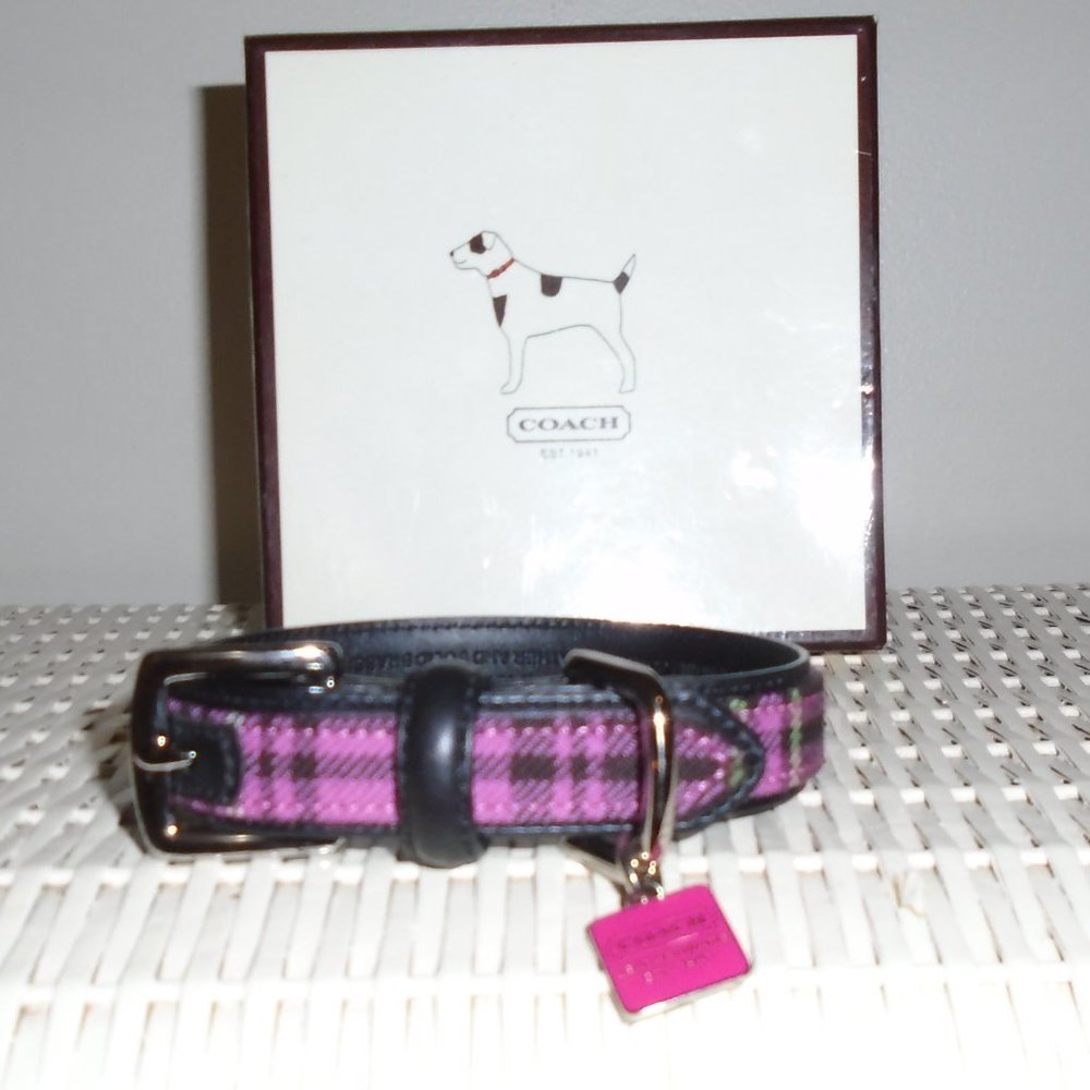 NEW COACH PINK PLAID CLOTH BLACK LEATHER DOG PET COLLAR 1391 SIZE EXTRA SMALL
